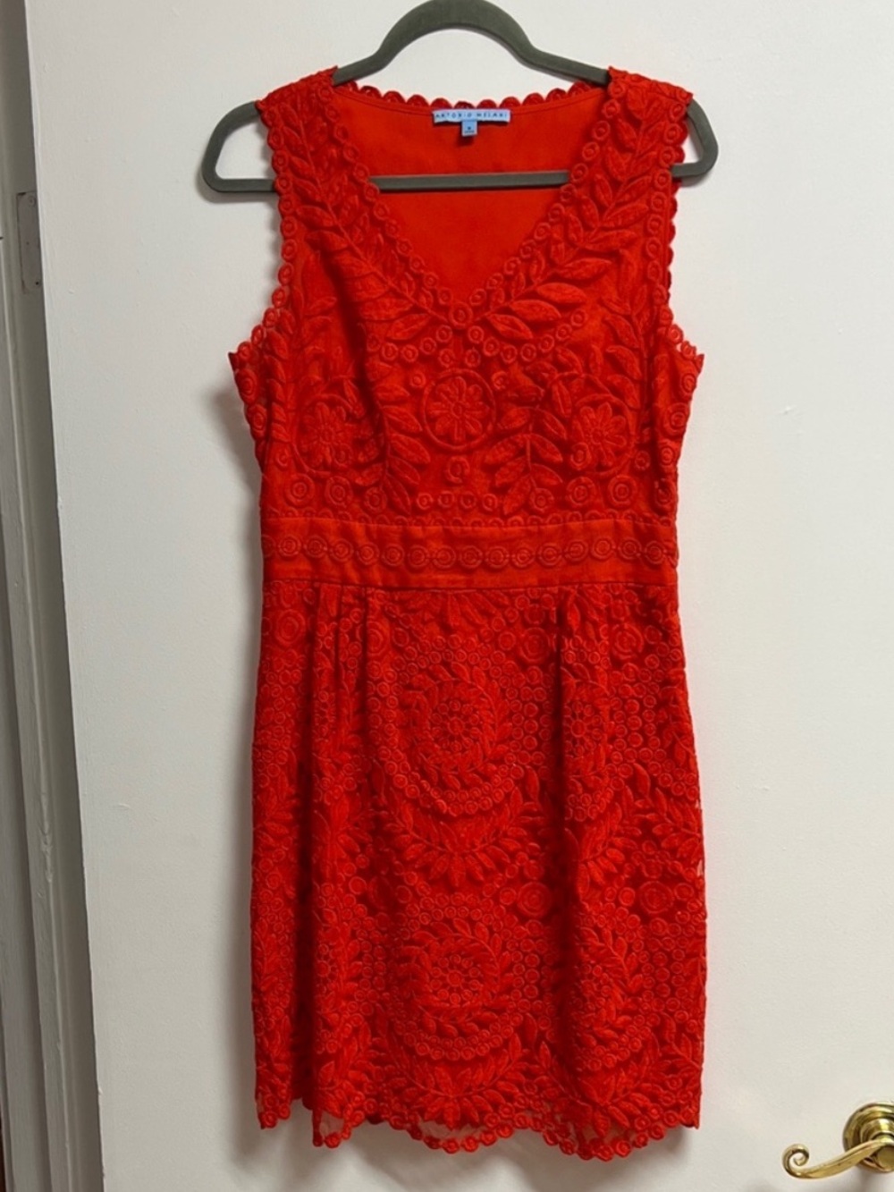 ANTONIO MELANI Vibrant Red Embroidered Floral Lace V-Neck A-Line Dress Size 8 M